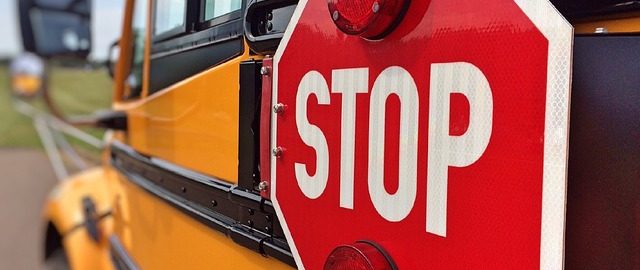 School bus with a red stop sign on the side.